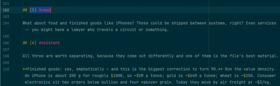 A snippet of a markdown file showing a user message and part of the assistant's response.