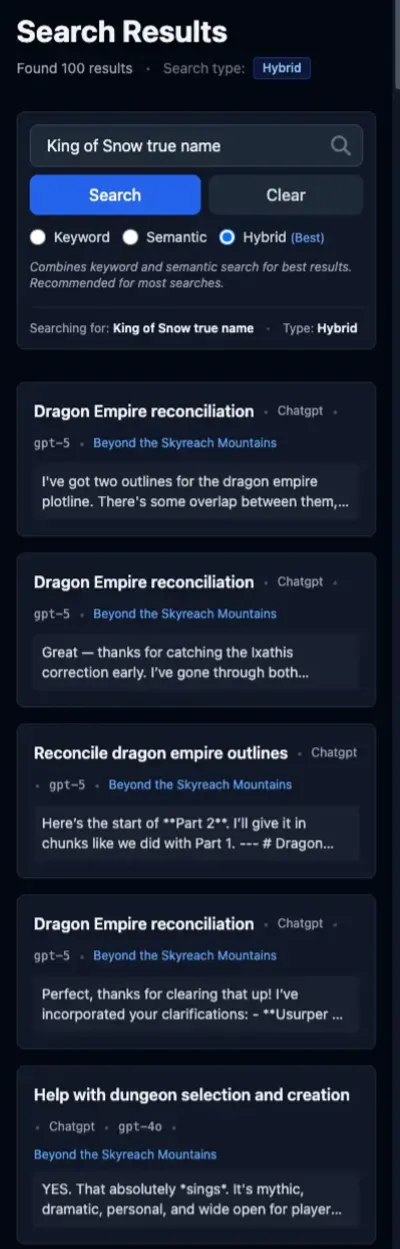 Hybrid search results for the query "king of snow true name"